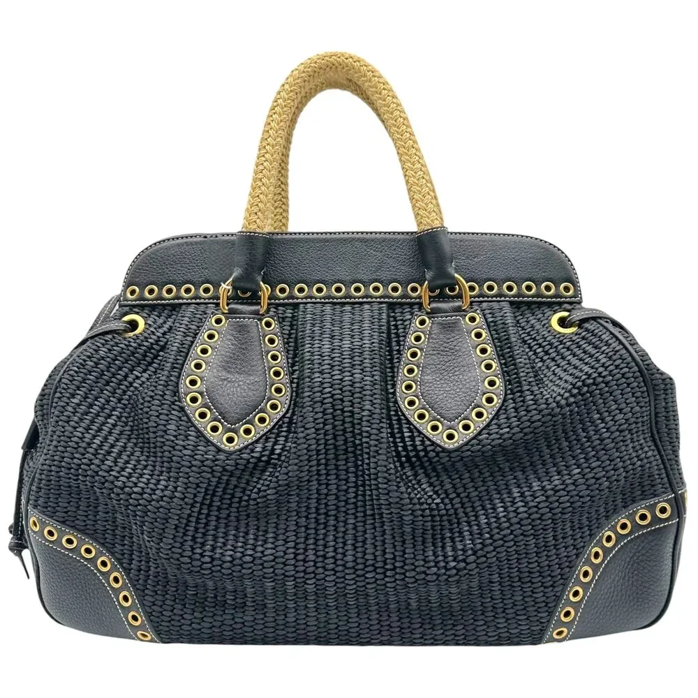 Prada Black Raffia Rivet Studded Doctors Handbag